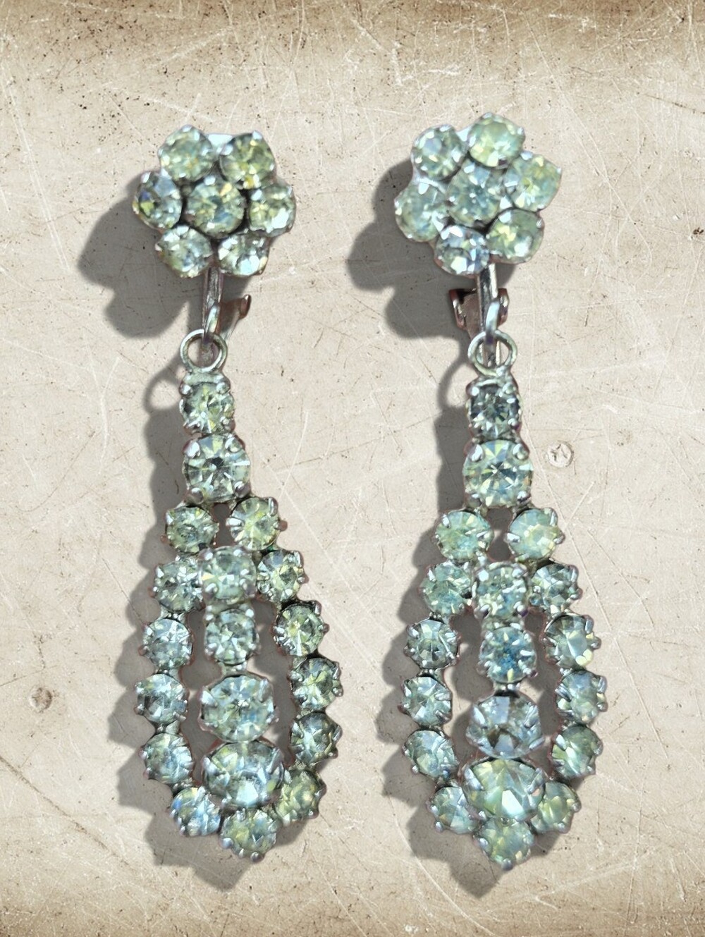 Vintage SHERMAN signed Dangling Earrings In White Swarovski Crystals
